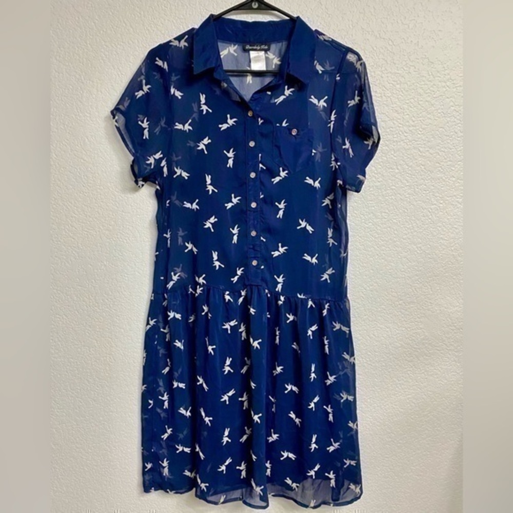 Sheer Cover Layer Blue Bird Print Dress (Size 16)